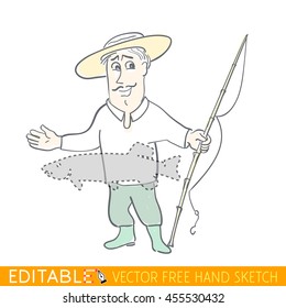 Tall Stories, boastful fisherman. Editable vector graphic in linear style.