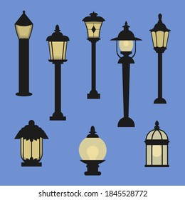 Tall street lamps. Lanterns in vintage style, outdoor design elements for lighting. Collection of lamp posts isolated. Architectural elements for street.