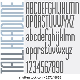 Tall Stripes Headline retro style light condensed font, stylish and trendy letters design. Best for use in advertising and graphic print or web design. Vector.