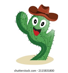 Tall succulent cactus with thorns in Cowboy hat isolated element. Vector drawing illustration for icon, game, packaging, banner. Wild west, western, cowboy concept.
