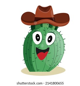 Tall succulent cactus with thorns in Cowboy hat isolated element. Vector drawing illustration for icon, game, packaging, banner. Wild west, western, cowboy concept.