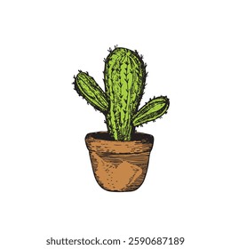 Tall succulent cactus with thorns isolated element. Vector drawing illustration for icon, game, packaging, banner. Wild west, western, cowboy concept.