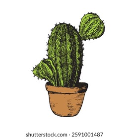 Tall succulent cactus with thorns isolated element. Vector drawing illustration for icon, game, packaging, banner. Wild west, western, cowboy concept.