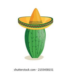 Tall succulent cactus with thorns in a wide-brimmed mexican sombrero hat isolated element. Vector illustration for icon, game, packaging, banner. Wild west, Mexico symbol concept.