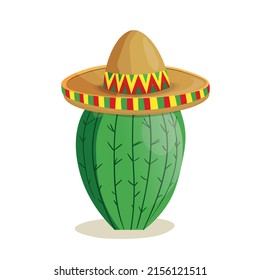 Tall succulent cactus with thorns in a wide-brimmed mexican sombrero hat isolated element. Vector illustration for icon, game, packaging, banner. Wild west, Mexico symbol concept.