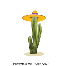 Tall succulent cactus with thorns in a wide-brimmed mexican sombrero hat isolated element. Vector illustration for icon, game, packaging, banner. Wild west, Mexico symbol concept.