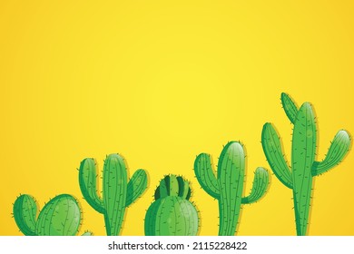 Tall succulent cactuses with thorns on color background. Vector drawing set illustration for icon, game, packaging, banner. Wild west, western, cowboy concept. Copy spase.