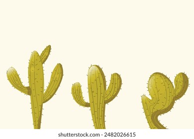 Tall succulent cactuses with thorns on color background. Vector drawing set illustration for icon, game, packaging, banner. Wild west, western, cowboy concept. Copy spase.