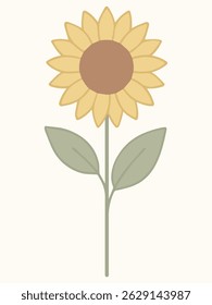 A tall sunflower with yellow petals and brown circular center on green stem.