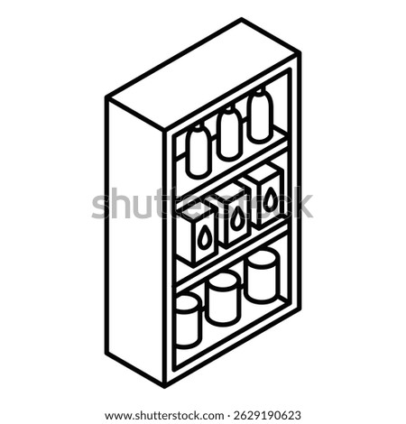 Tall supermarket shelf with drinks, boxes and cans. Isometric vector icon. Editable stroke.