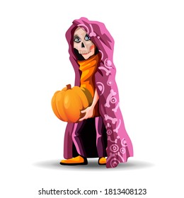 A tall teenager wearing a burgundy cloak and a skull mask. Skeleton boy holding a pumpkin for Halloween. Cartoon vector characters on white background. Isolated