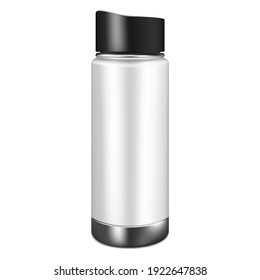 Tall Thermo Water Bottle, Realistic Vector Mock-up. Blank Sports Flask. Stainless Steel Travel Mug, Mockup. Template For Design.