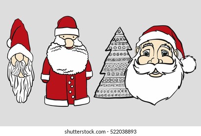 Tall and thick comic Santa Heads, hand-drawn vector sketch, Artwork