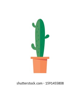 Tall and thin friendly cactus in an orange pot with three arms and spikes. Flat design illustration.  