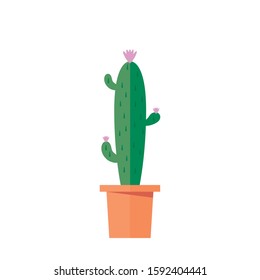 Tall and thin friendly cactus with violet flowers in an orange pot with three arms and spikes. Flat design illustration.  