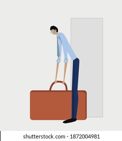 a tall thin man in a shirt and tie holding a heavy brown suitcase