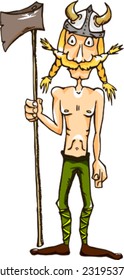 Tall, thin vector viking with blond braids hold weapon. Character. 