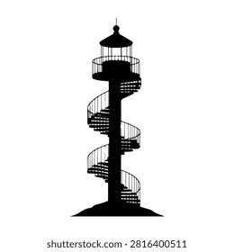 A tall tower featuring a spiral staircase leading to an observation deck at the top, silhouetted against a plain background.