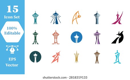 Tall tower observation building icon set with observation building landmark