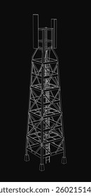 A tall tower with a lot of wires and metal bars. The tower is black and white