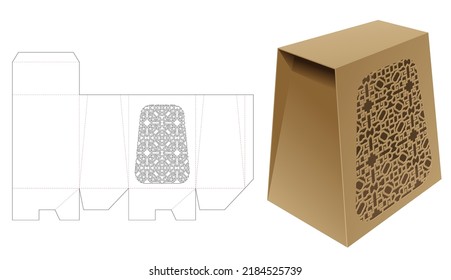 tall trapezoid packaging box with stenciled pattern die cut template and 3D mockup