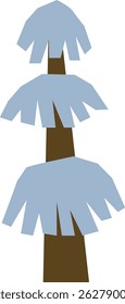 A tall tree is depicted with three layers of snow-covered branches.  The winter wood is shown with simple shapes and flat shading to represent a frosted conifer. Cartoon vector illustration