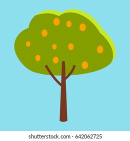 Tall tree with green leaves and small round orange fruits closeup icon on blue background vector illustration graphic design.