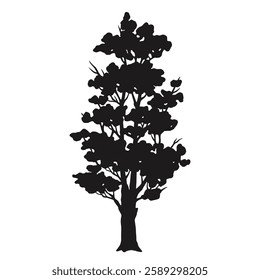 A tall tree is illustrated in silhouette form showcasing its distinct shape and leaf structure against a stark white background. The design highlights natural beauty.