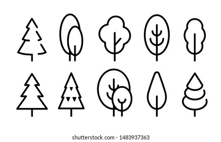 Tall Tree vector icons set. Simple flat line style icon design. Nature logo template. Outline drawing trees, isolated vector illustration. 