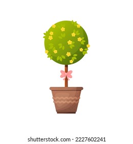 Árbol alto con flores amarillas en la ilustración vectorial de la olla. Dibujo de dibujos animados de una planta maceta aislada en fondo blanco. Naturaleza, decoración, concepto de jardinería