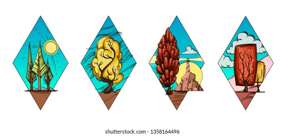 Tall trees on the background of a flat area with a lighthouse in the distance. Day sun, desert, air, mountains, sky in a rich range.