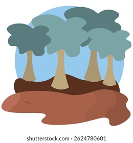 Tall trees and red soil. Vector illustration
