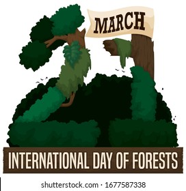 Tall trees and trunks forming the number "21" as a reminder date, ribbon with the month and wooden sign for International Day of Forests in March 21.
