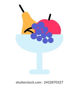 Tall vase on thin stem filled with fresh fruits and berries, birthday symbol. Simple style festive fruit set for design of children entertainment center. Color stroke icon isolated on white back