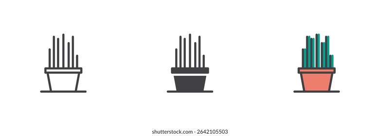 Tall vertical cactus in pot shown in line, solid and filled outline icon styles. Desert plant vector icon pack. Spiky nature symbol.