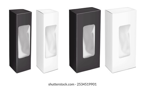 Caixa de papel vertical alta com janela de plástico transparente e aba de encaixe. Conjunto branco e preto. 3d mockup. Fácil de editar. Recipiente de cartão em branco. Caixa de janela transparente. Maquete de vetor realista