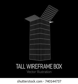 Tall vertical rectangle box open. Retail wireframe poly mesh vector illustration concept