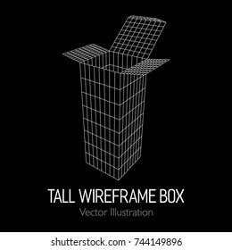 Tall vertical rectangle box open. Retail wireframe poly mesh vector illustration concept