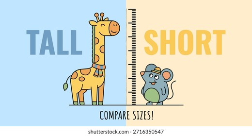 Große vs kurze Größe Vergleich Illustration mit süße Giraffe und Maus für Kinder lernen
