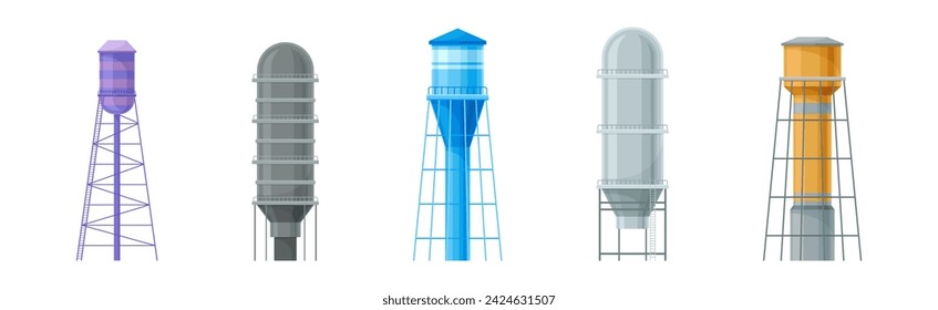 Tall Water Tower with Metal Tank for Liquid Storage Vector Set