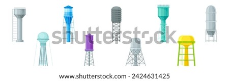 Tall Water Tower with Metal Tank for Liquid Storage Vector Set