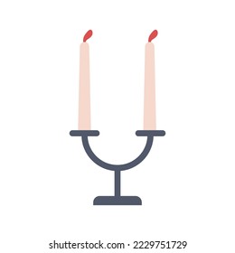 Tall wax pillar candles in candlestick, holder. Candlelight fire flames in double candleholder for two cylinder tapers. Cozy home decoration. Flat vector illustration isolated on white background