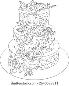 tall wedding cake decorated with roses on a white isolated background vector illustration