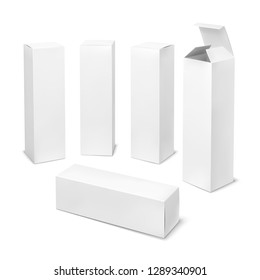 Tall White Box. Cardboard Cosmetic Boxes Rectangular Blank Package With Shadows Medicine Product Vertical Packaging Vector Mockup