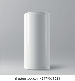 A tall, white cylindrical display pedestal with a sleek design, set against a gray background.