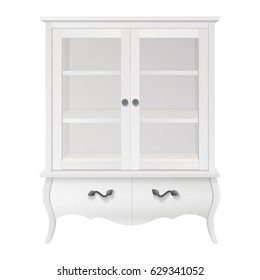 tall white glass display storage kitchen cupboard cabinet with drawers isolated on white background. vector illustration