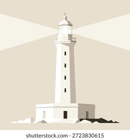 A tall, white lighthouse stands on a rocky shore, emitting bright beams of light into the pale sky.