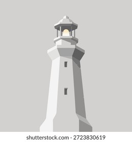 Uma torre de farol alta e branca com uma luz brilhante no topo, colocada contra um fundo cinza.