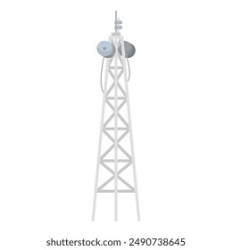 A tall, white radio tower with multiple antennas and dishes sits against a white background.