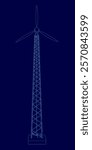 Tall wind turbine is shown in blue. The image is a stylized drawing of the turbine